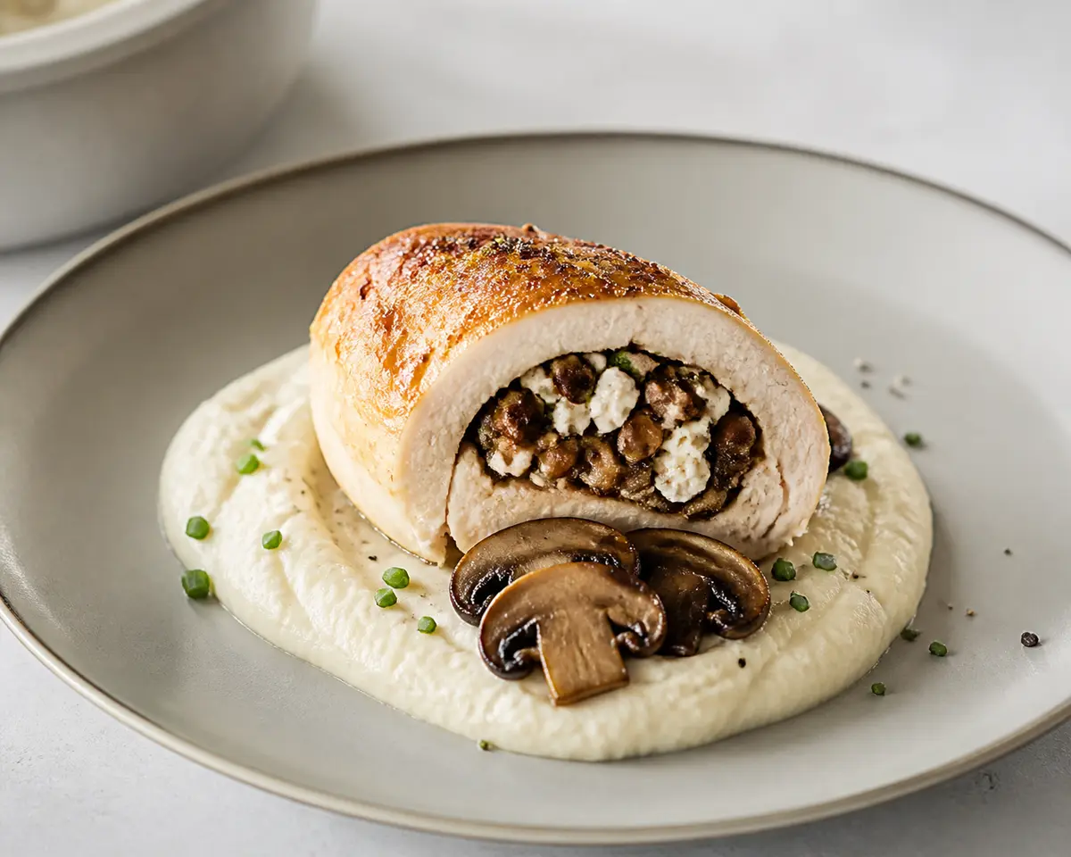 Chicken Stuffed with Mushrooms and Goat Cheese with Chive Cauliflower Cream