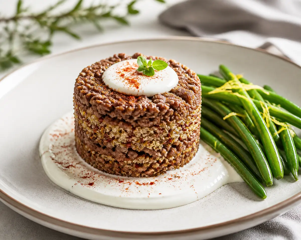 Timbal de Ternera y Quinoa con Crema de Yogur Ahumado y Judías Verdes al Limón