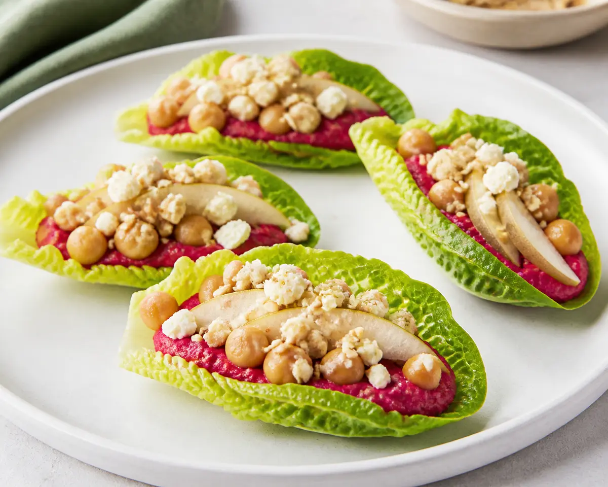 Quick Little Gem Boats with Beet Hummus, Pear, Feta and Sunflower Dukkah