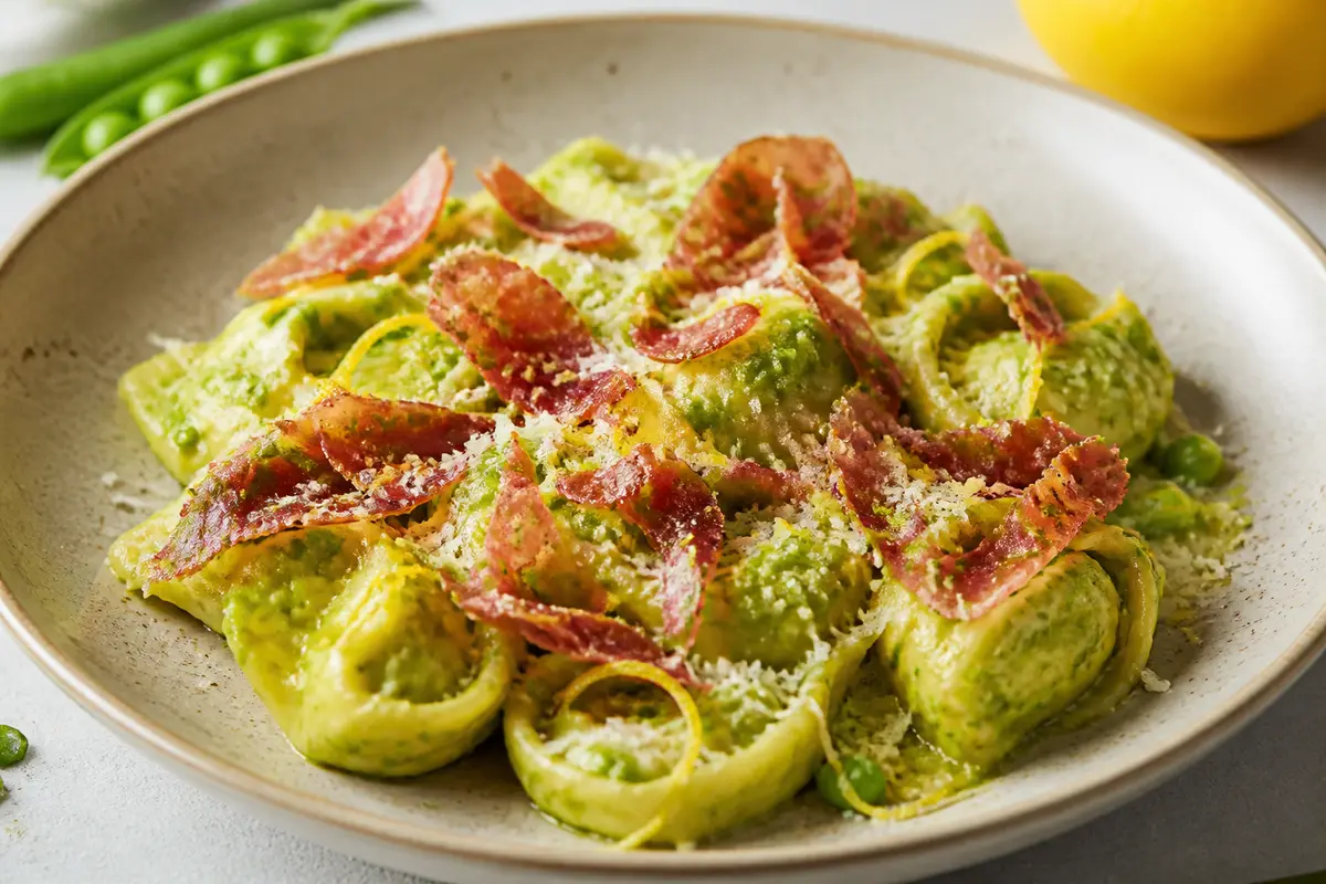 Tortellini Exprés con Pesto de Guisantes, Jamón Crujiente y Limón