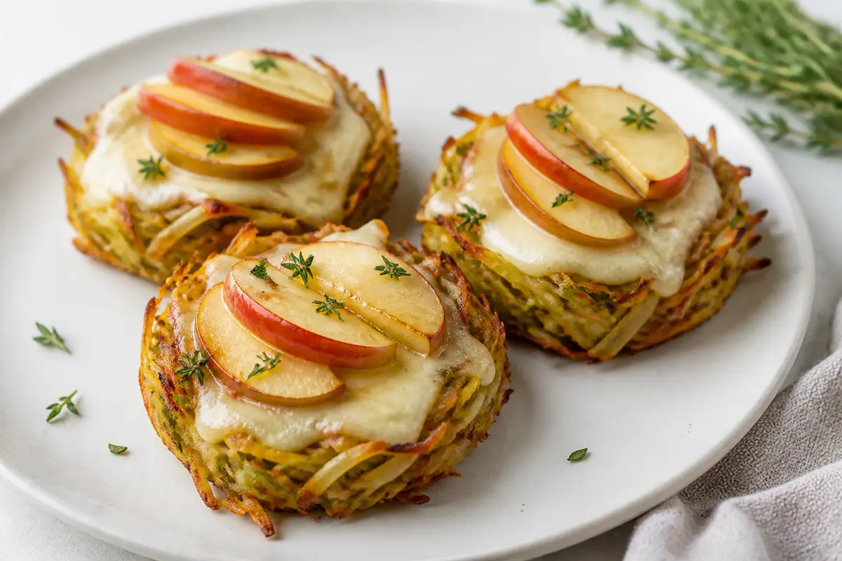 Air Fryer Potato and Leek Nests with Melted Brie, Sautéed Apple and Thyme
