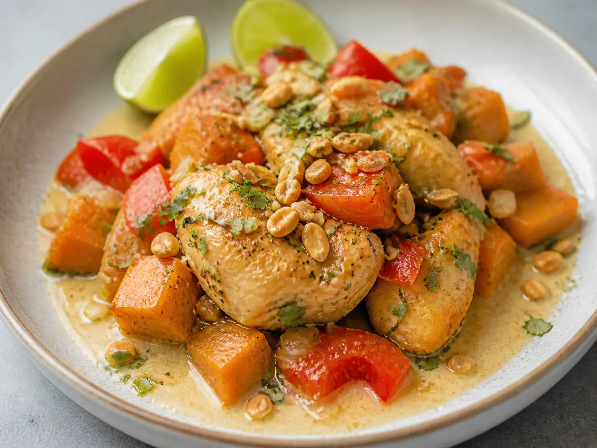 Pollo en slow cooker con boniato, coco ligero y lima con cacahuete crujiente