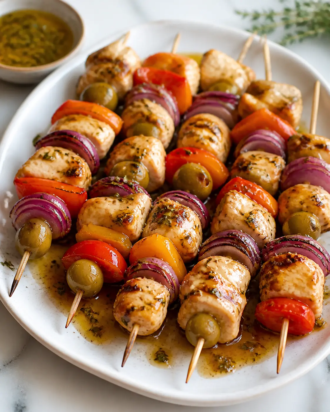 Brochetas de pollo a la parrilla con pimientos mini, aceitunas verdes y glaseado de limón, miel y tomillo