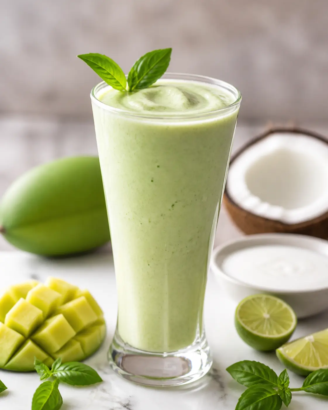 Velvet Green Mango, Coconut and Basil Lime Smoothie