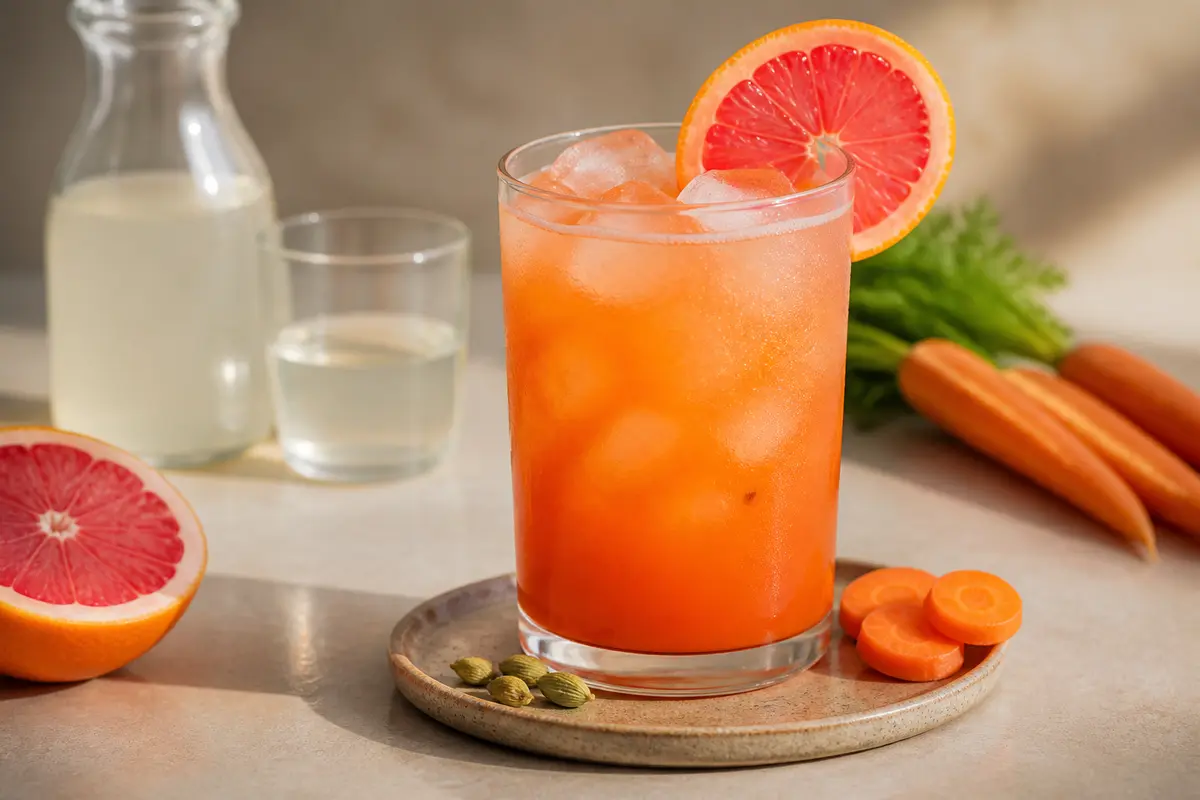 Refresco helado de naranja cara cara, zanahoria asada y cardamomo con kéfir de agua