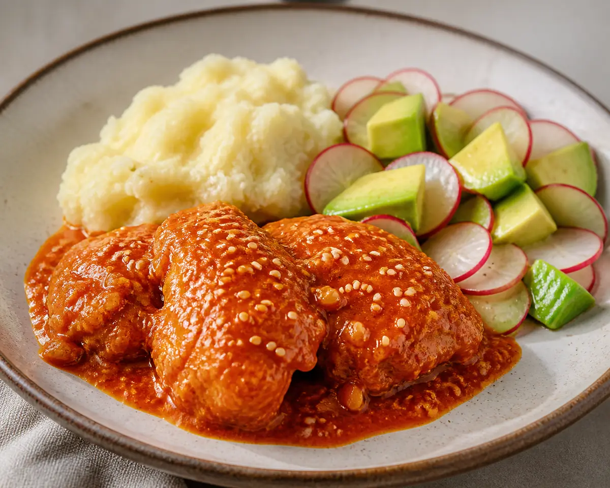 Creole chicken in roasted tomato sesame sauce with mashed yuca and avocado radish salad