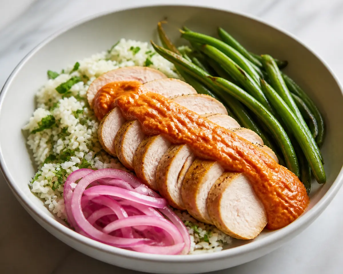Bowl tibio de pavo al romesco suave con arroz de perejil, judías verdes tostadas y cebolla morada encurtida rápida