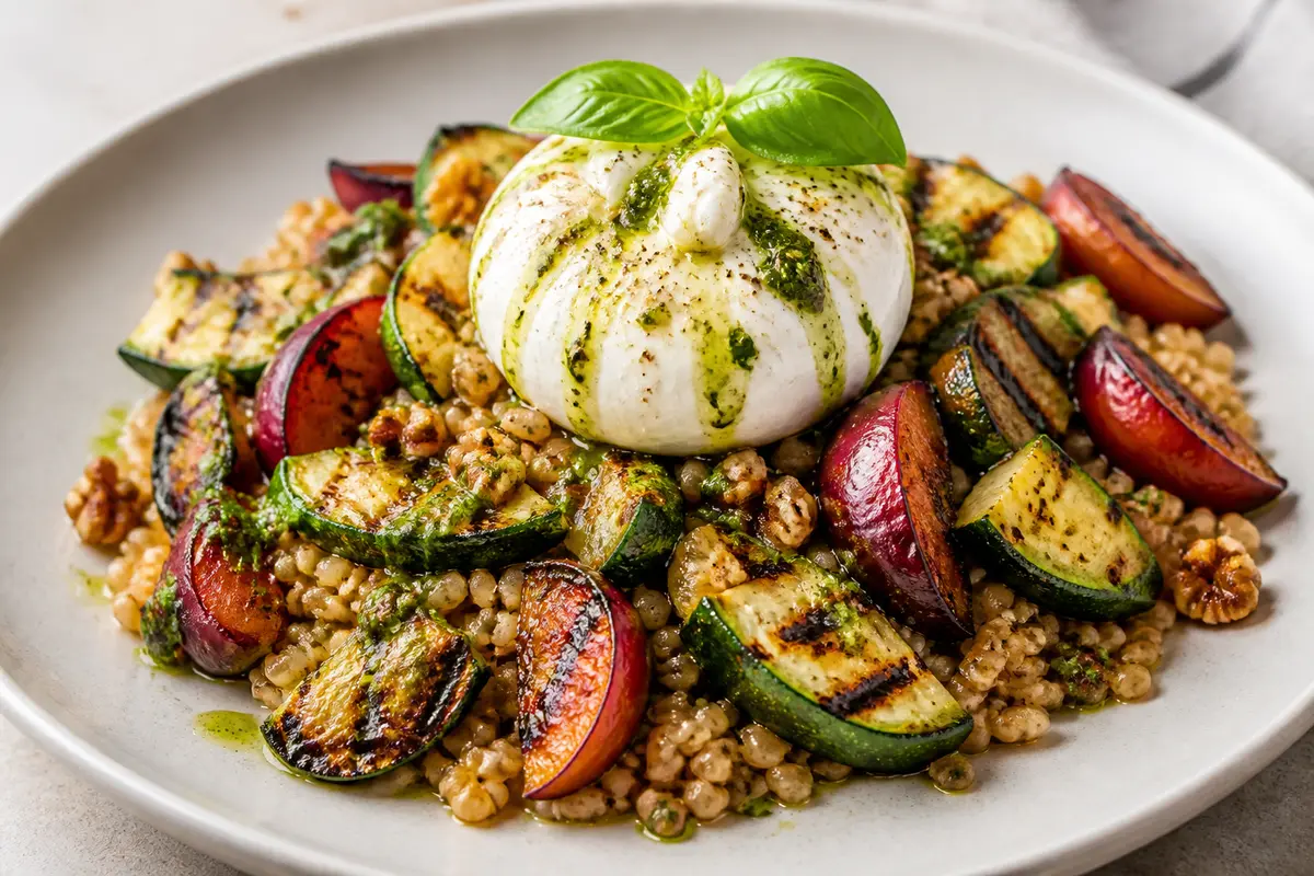 Ensalada tibia de farro crujiente, calabacín chamuscado, ciruelas rostizadas y burrata con vinagreta de albahaca y nuez