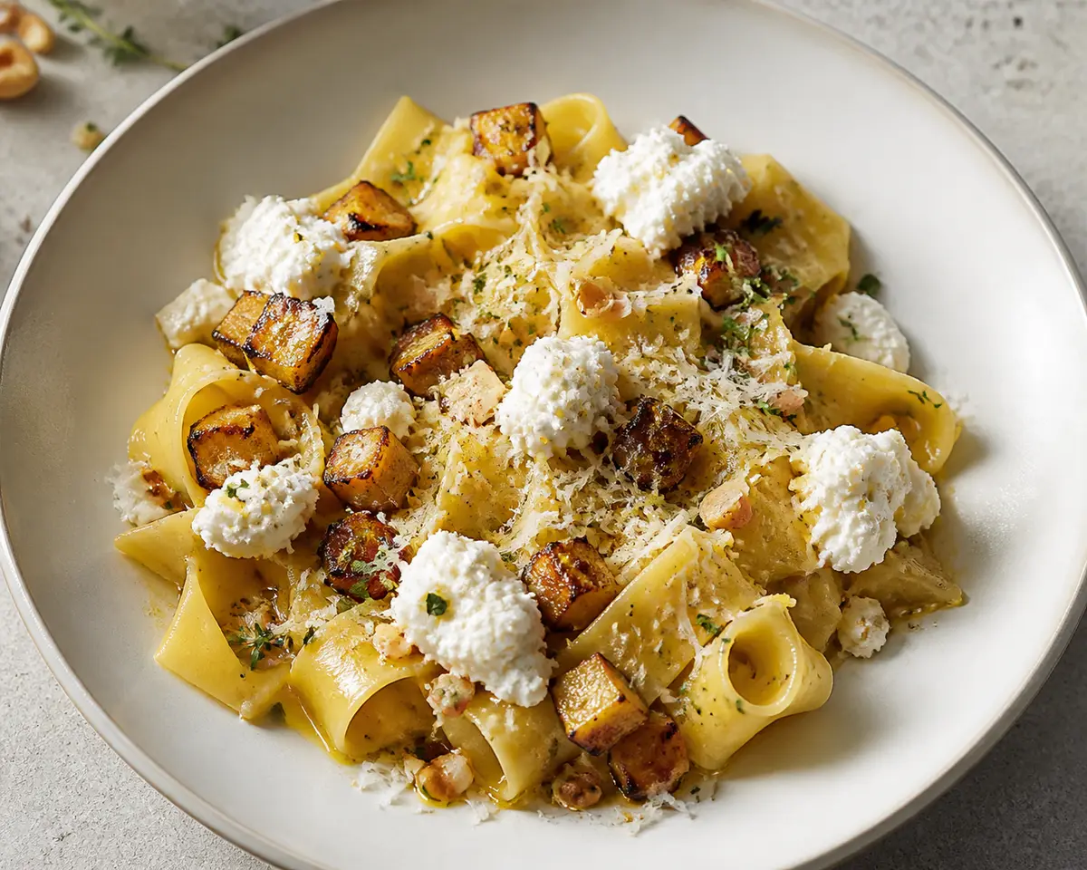 Pappardelle cremosa de colinabo asado, mantequilla de tomillo y ricotta con avellana y limón