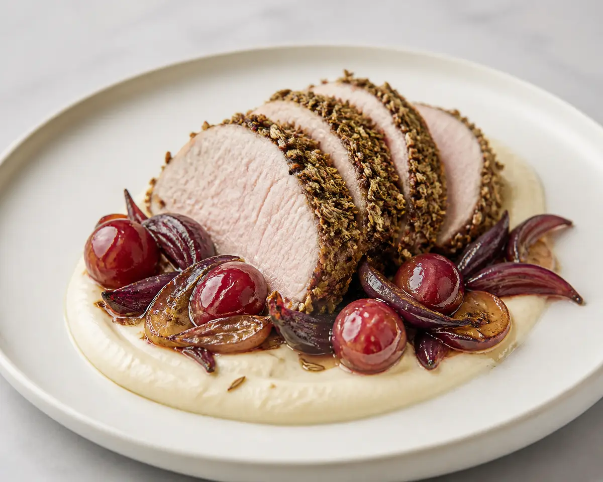 Lomo de Cerdo Asado con Costra de Anís e Hinojo, Crema de Coliflor Tostada y Uvas al Jerez