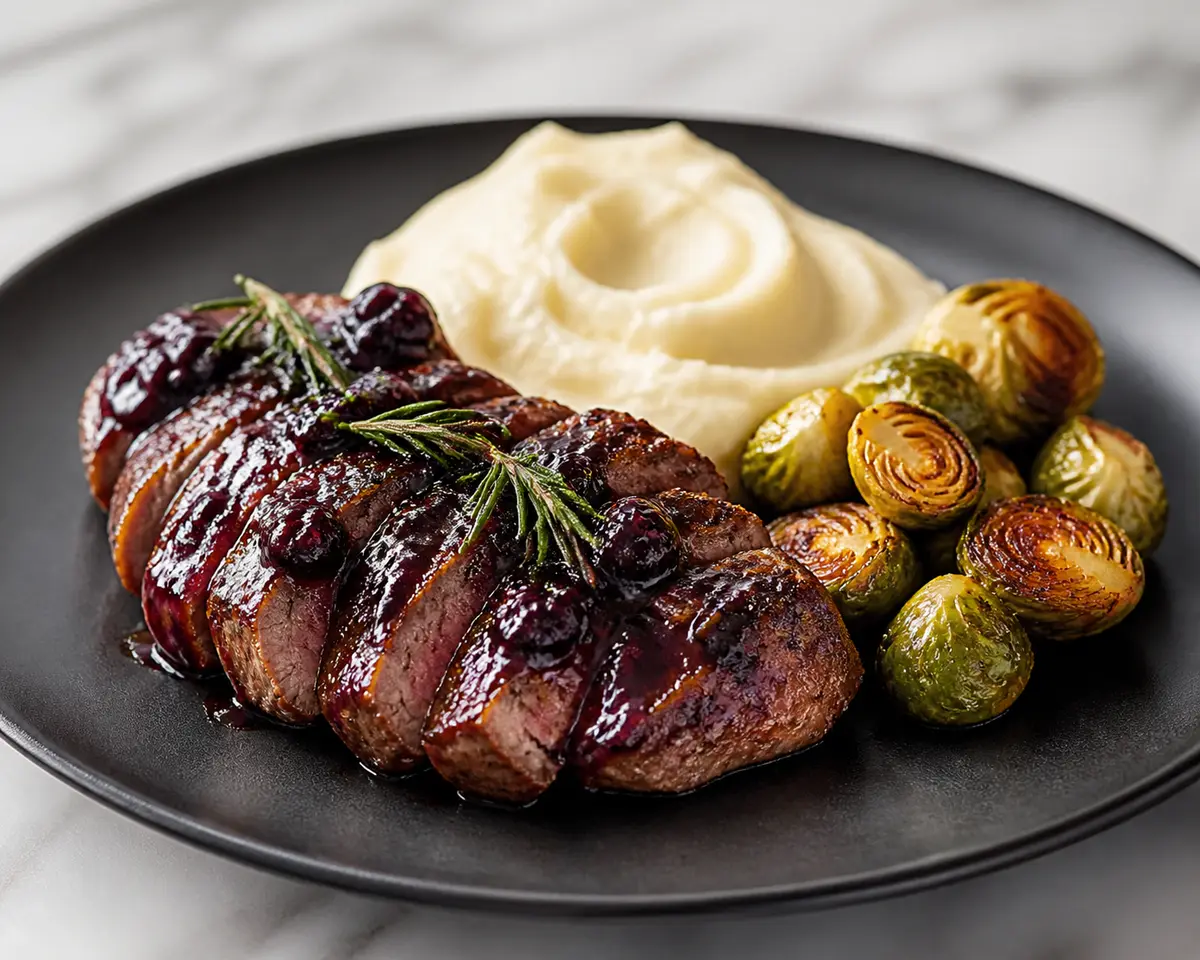 Beef Steak with Blackberry-Rosemary Glaze, Parsnip Mash, and Golden Brussels Sprouts