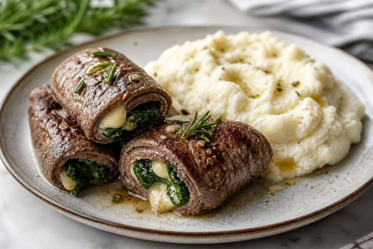Keto Beef Roll-Ups with Provolone, Rosemary Butter, and Garlic Cauliflower Mash