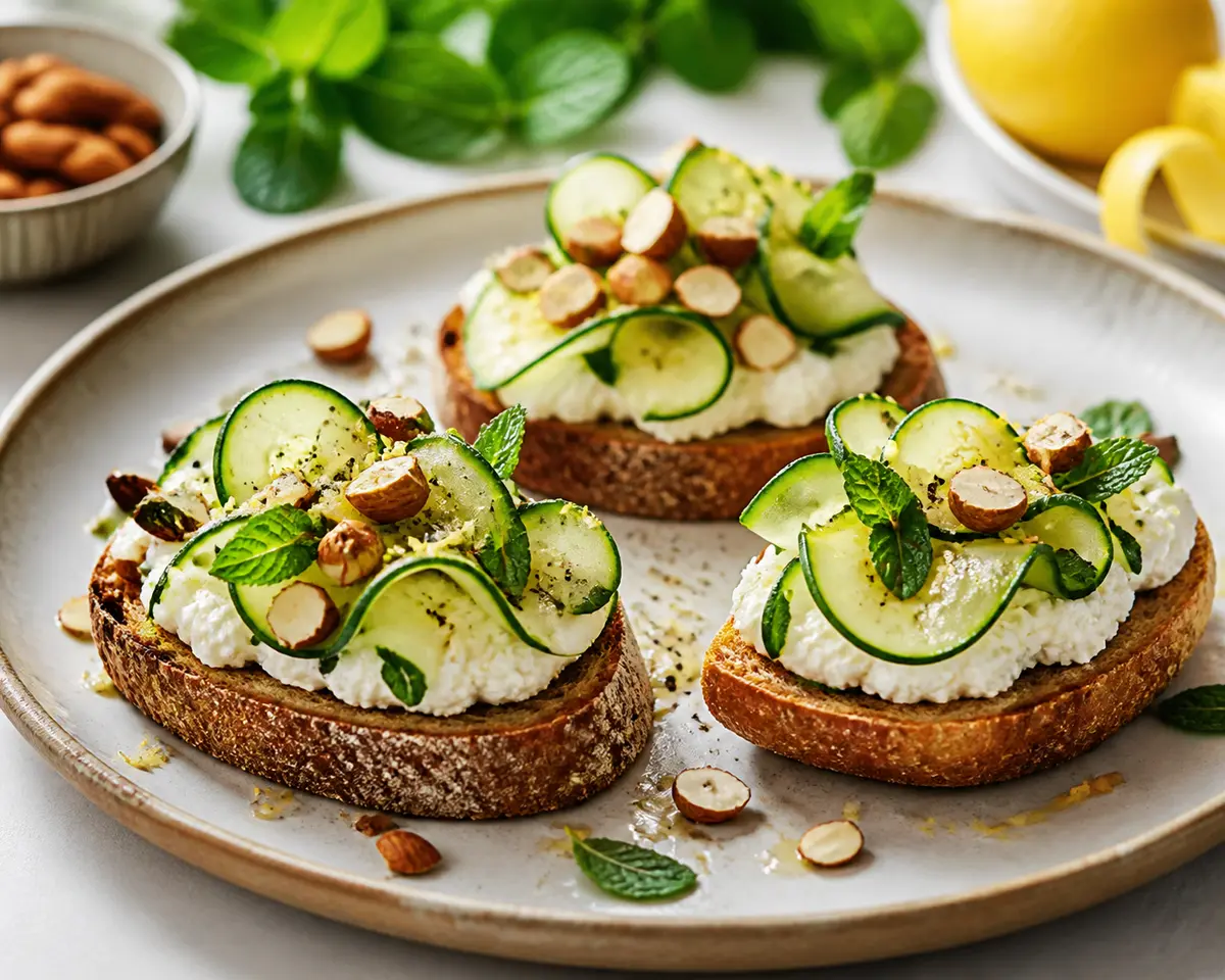 Tostadas exprés de ricotta al limón con calabacín crujiente, menta y almendra ahumada