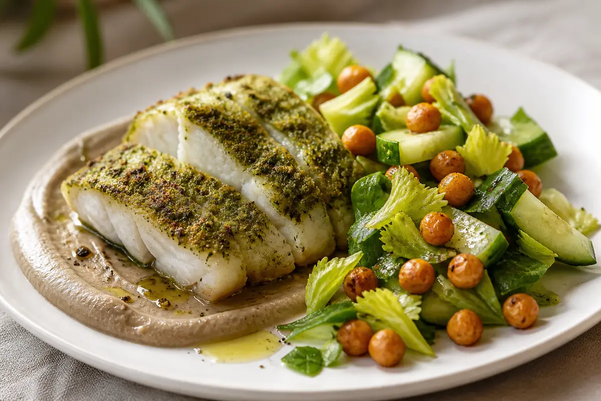 Green cumin cod with warm eggplant cream and cucumber, celery, and crispy chickpea salad
