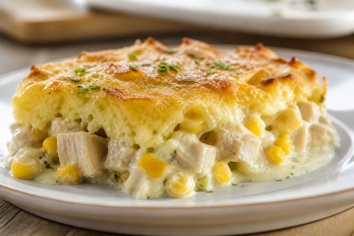 Pastel Familiar de Tortas de Papa, Pollo al Maíz Dulce y Salsa Cremosa de Cebollín