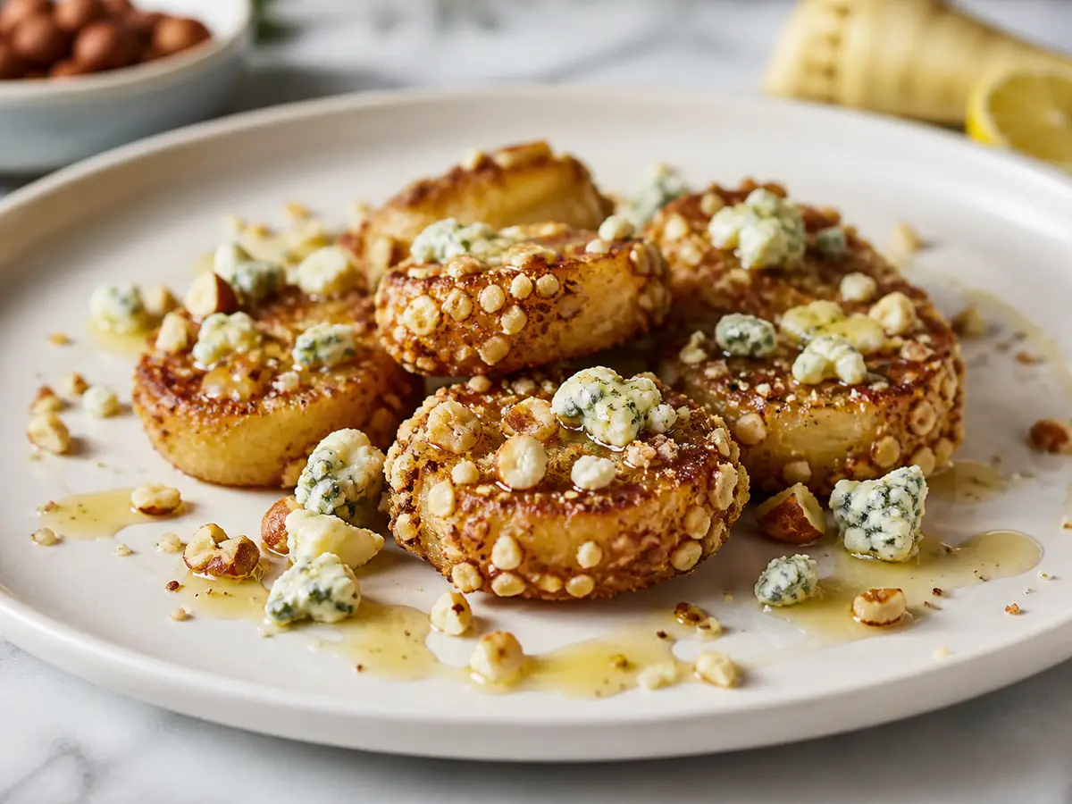 Air Fryer Parsnip Coins with Hazelnut Crust, Blue Cheese and Lemon Honey