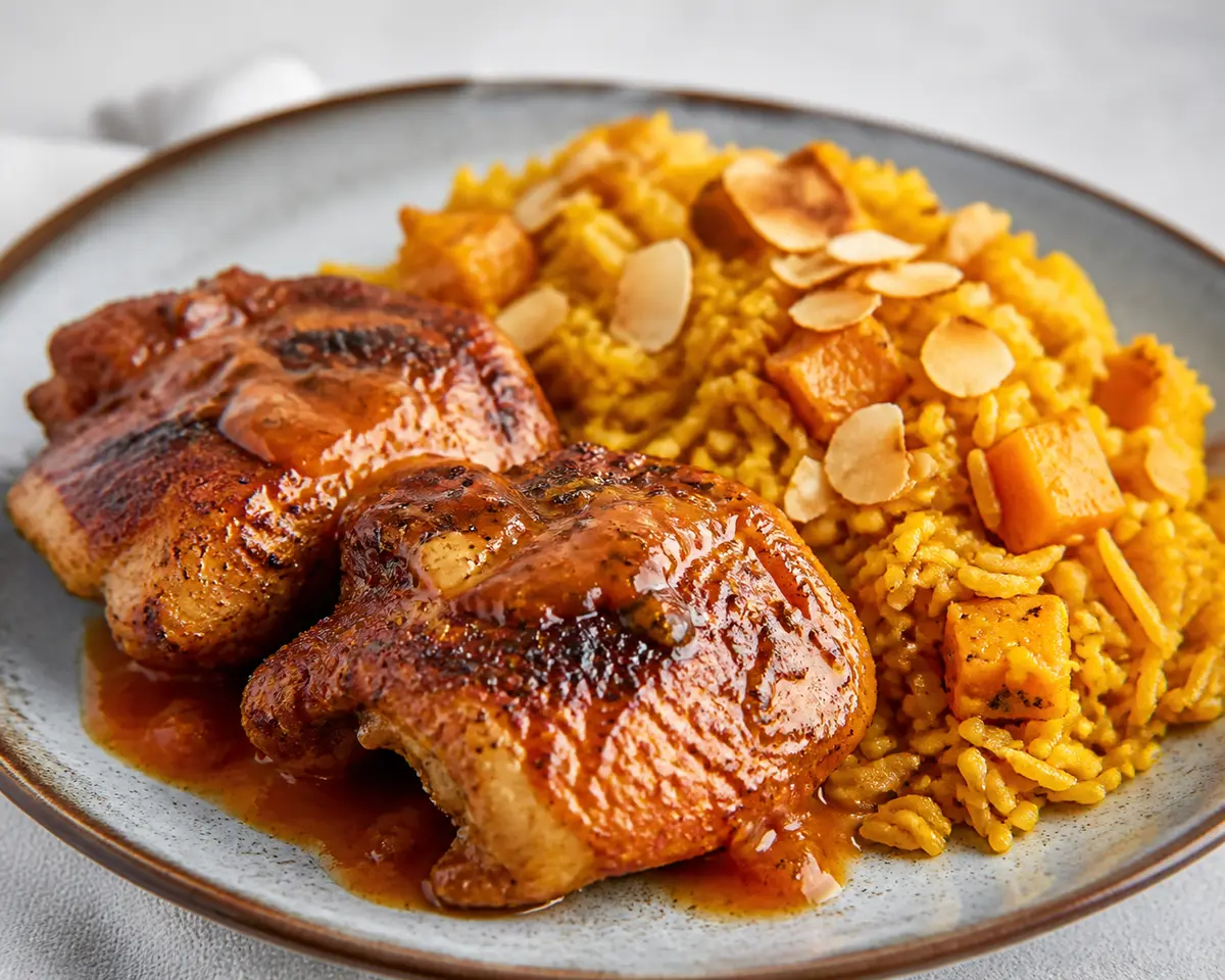 Pollo Caribeño al Mojo de Guayaba y Chile Suave con Arroz de Coco Tostado y Calabaza