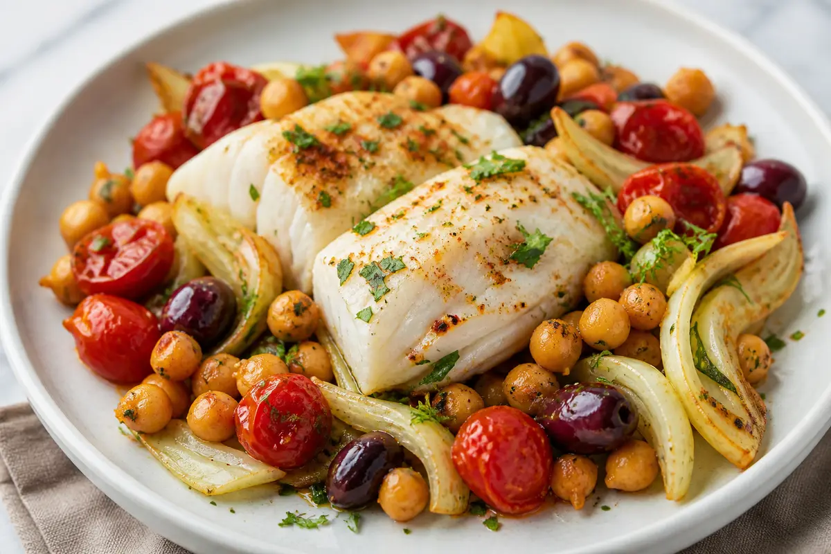Bacalao Mediterráneo al Pergamino con Tomates, Hinojo, Aceitunas y Garbanzos al Pimentón
