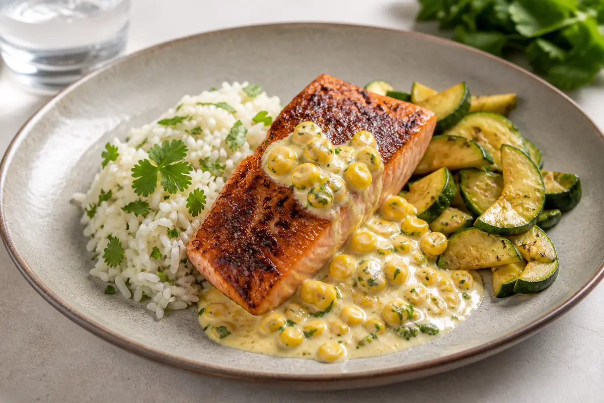 Salmón especiado con crema tibia de maíz y lima, arroz de cilantro y calabacines salteados