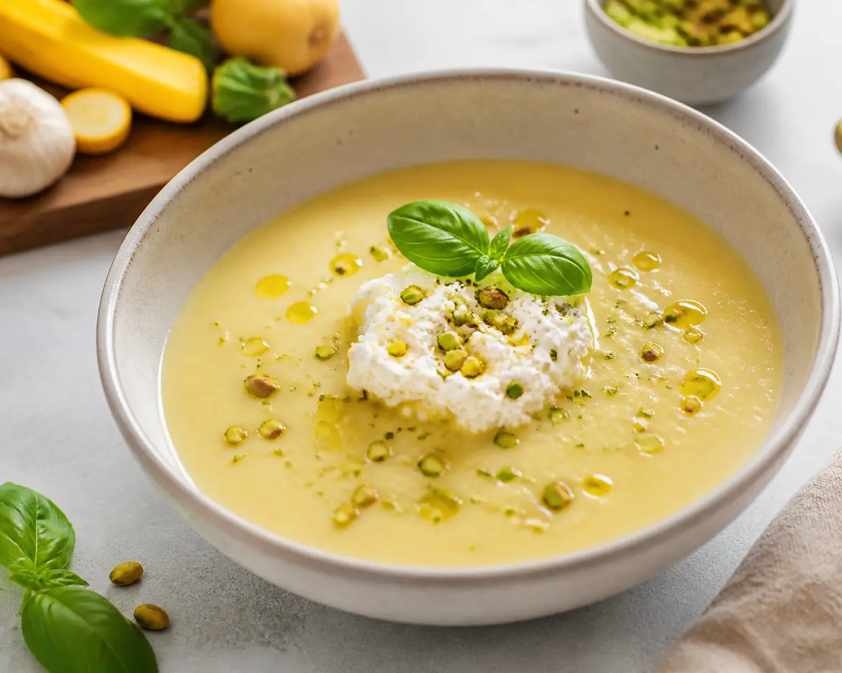 Sopa cremosa de calabacín amarillo, patata y albahaca con requesón de limón y pistacho