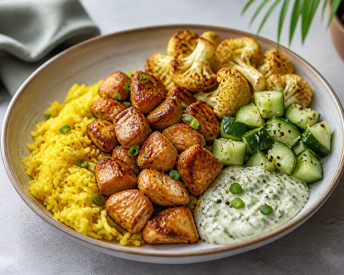 Tazón tibio de pollo al tamarindo suave con arroz de cúrcuma, coliflor rostizada y crema de pepino con sésamo