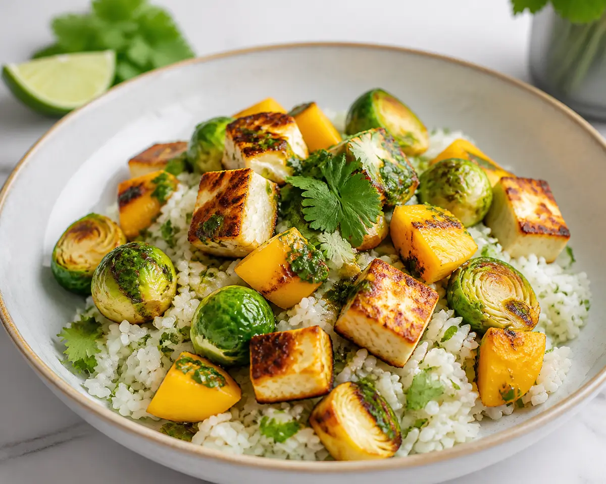 Warm jasmine rice salad with golden Brussels sprouts, seared mango, and paneer with lime-cilantro dressing