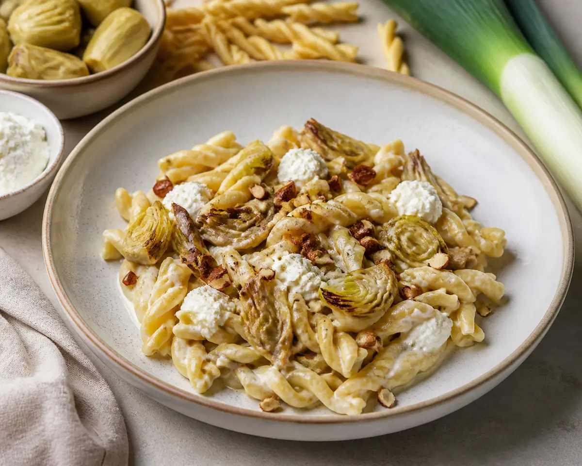 Creamy Gemelli with Charred Leeks, Crispy Artichokes and Lemon Ricotta with Smoked Almonds