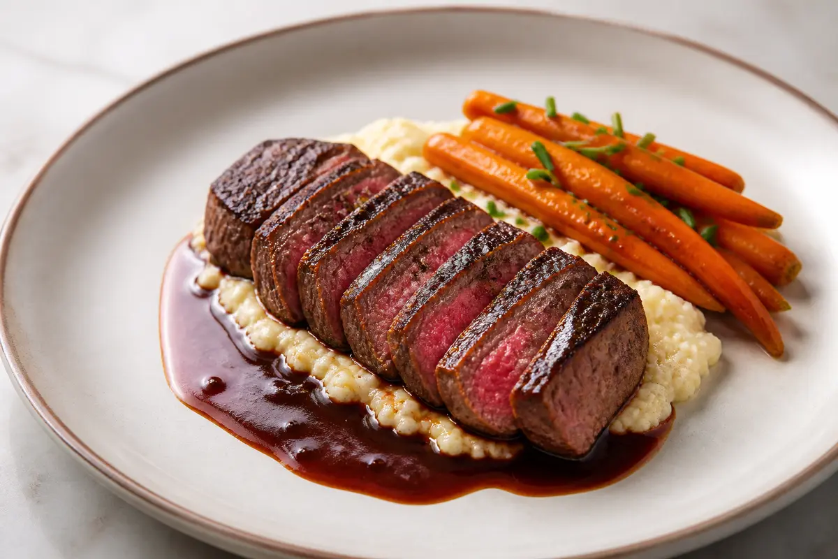 Beef Steak with Smoked Plum-Anise Sauce, Creamy Millet, and Chive Carrots