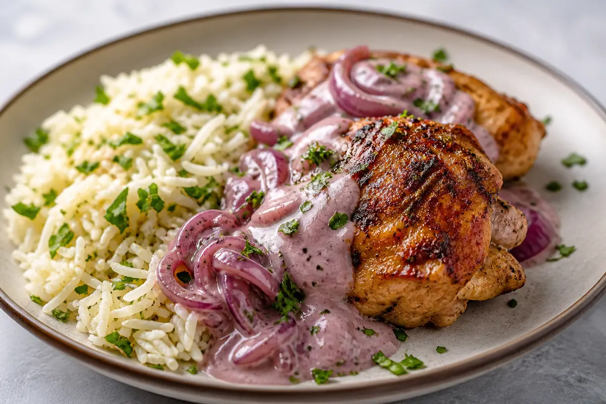 Oven-Baked Chicken with Roasted Red Onion Citrus Tahini Sauce and Spiced Parsley Rice