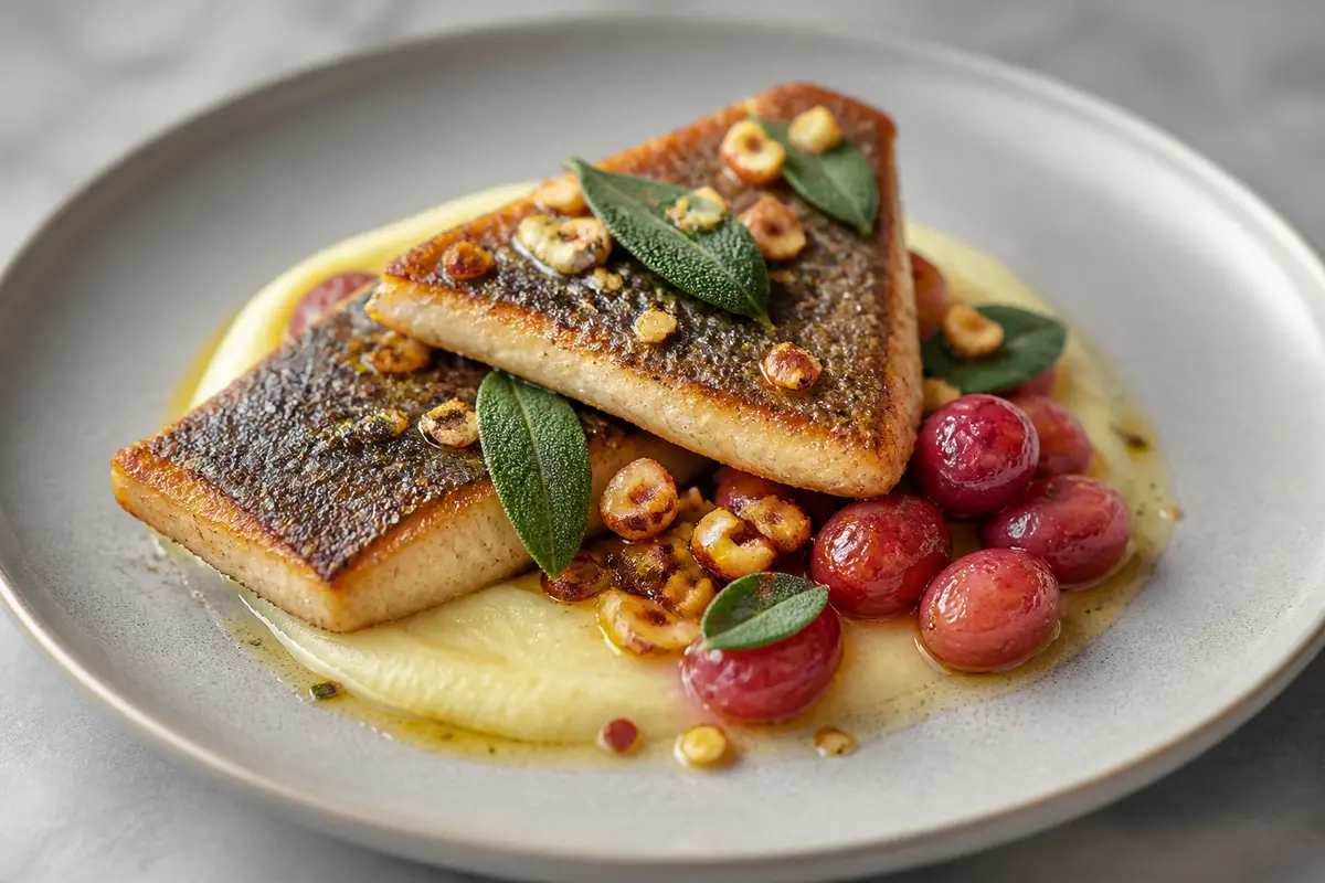 Crispy Sea Bass with Warm Hazelnut Sage Butter, Rutabaga Turnip Purée, and Roasted Grapes