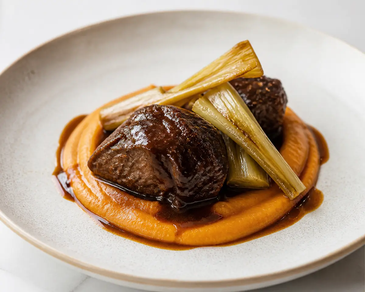 Pork Cheeks with Gentle Coffee and Orange Sauce, Sweet Potato Purée, and Braised Leeks