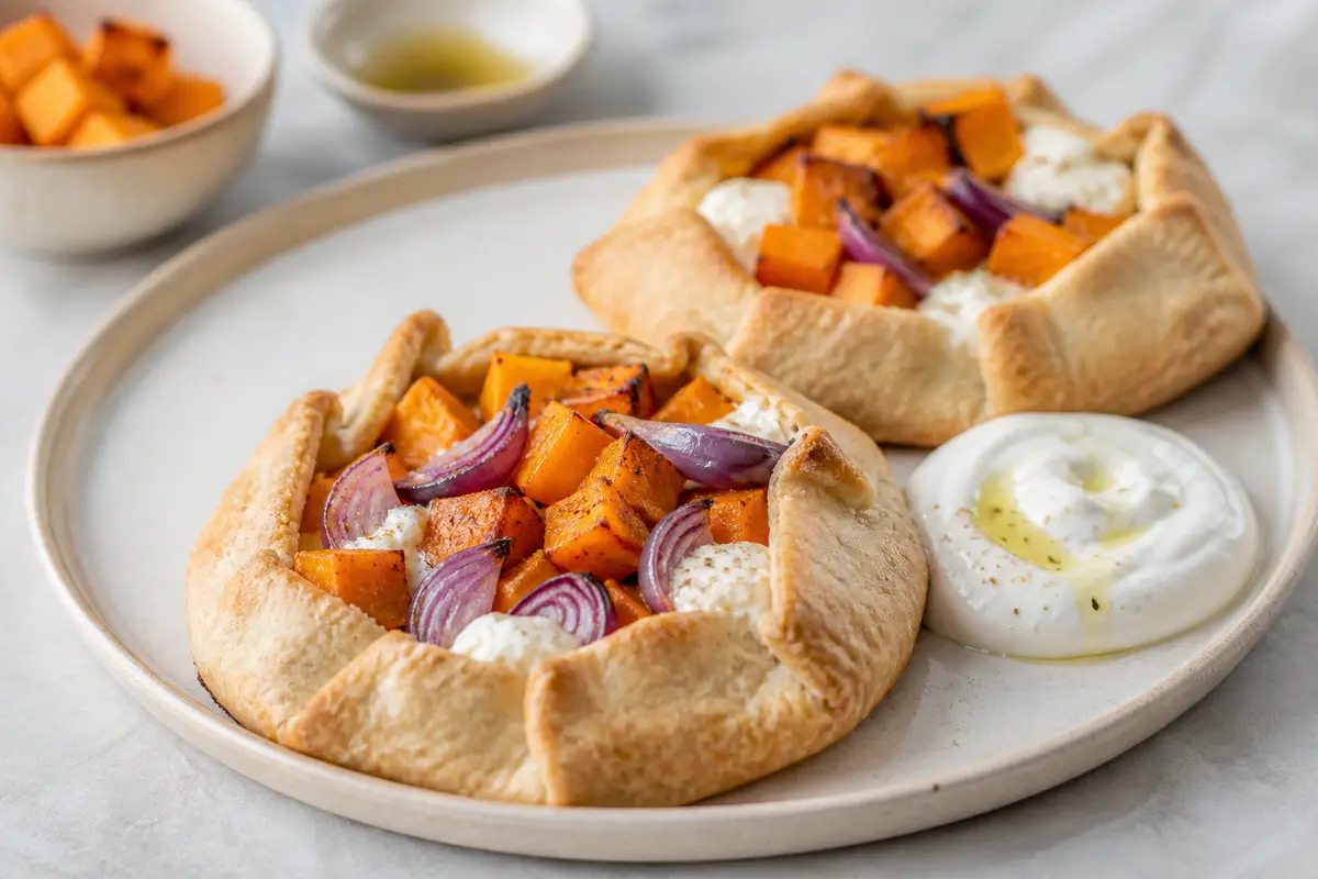 Galettes de calabaza y ricotta con cebolla morada asada y salsa de yogur al limón