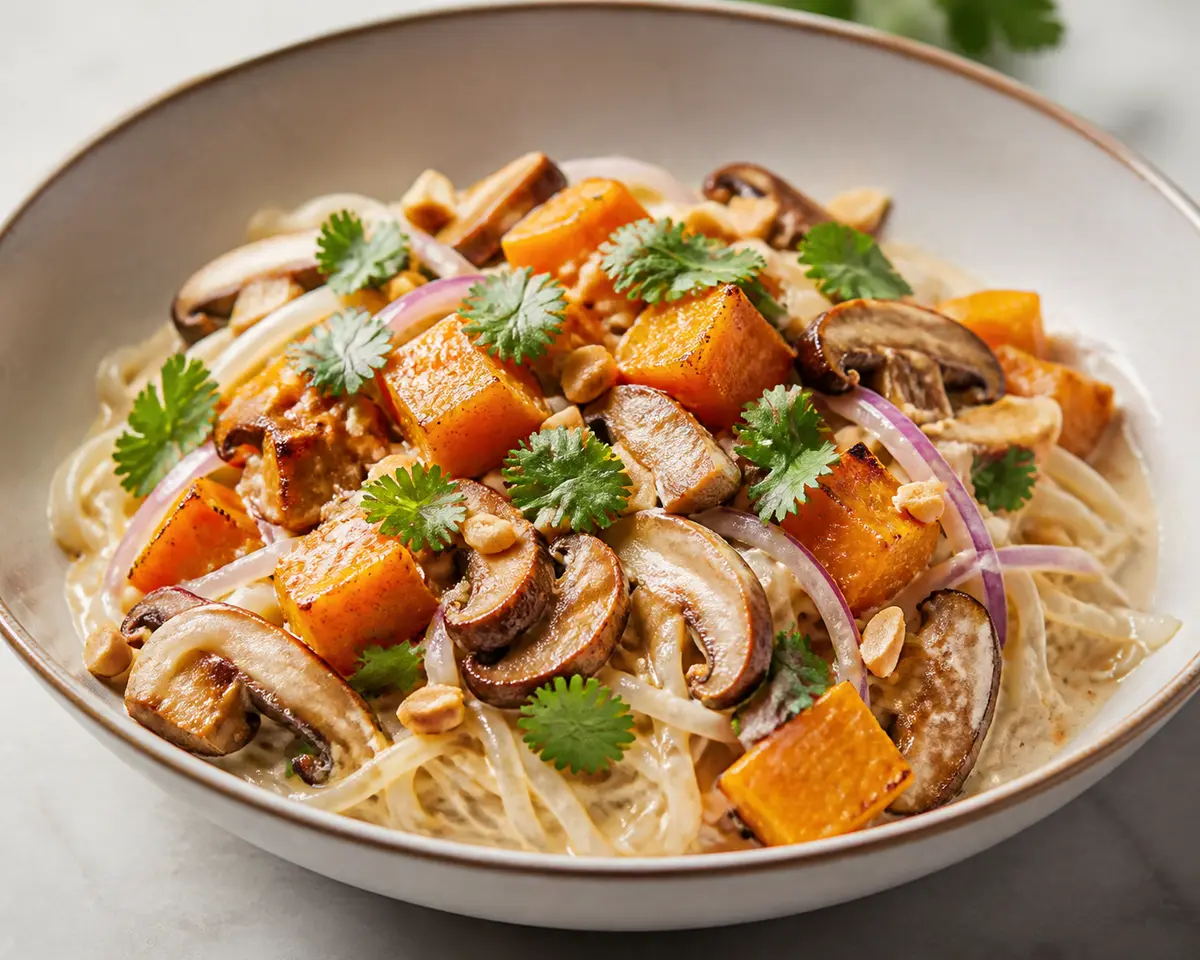 Fideos de arroz cremosos con calabaza asada, setas al jengibre y salsa de cacahuete y lima