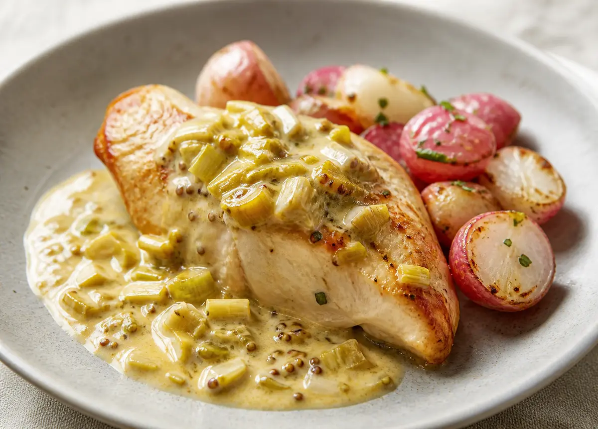 Pollo Keto en Salsa de Brie, Mostaza y Puerros con Rábanos Asados