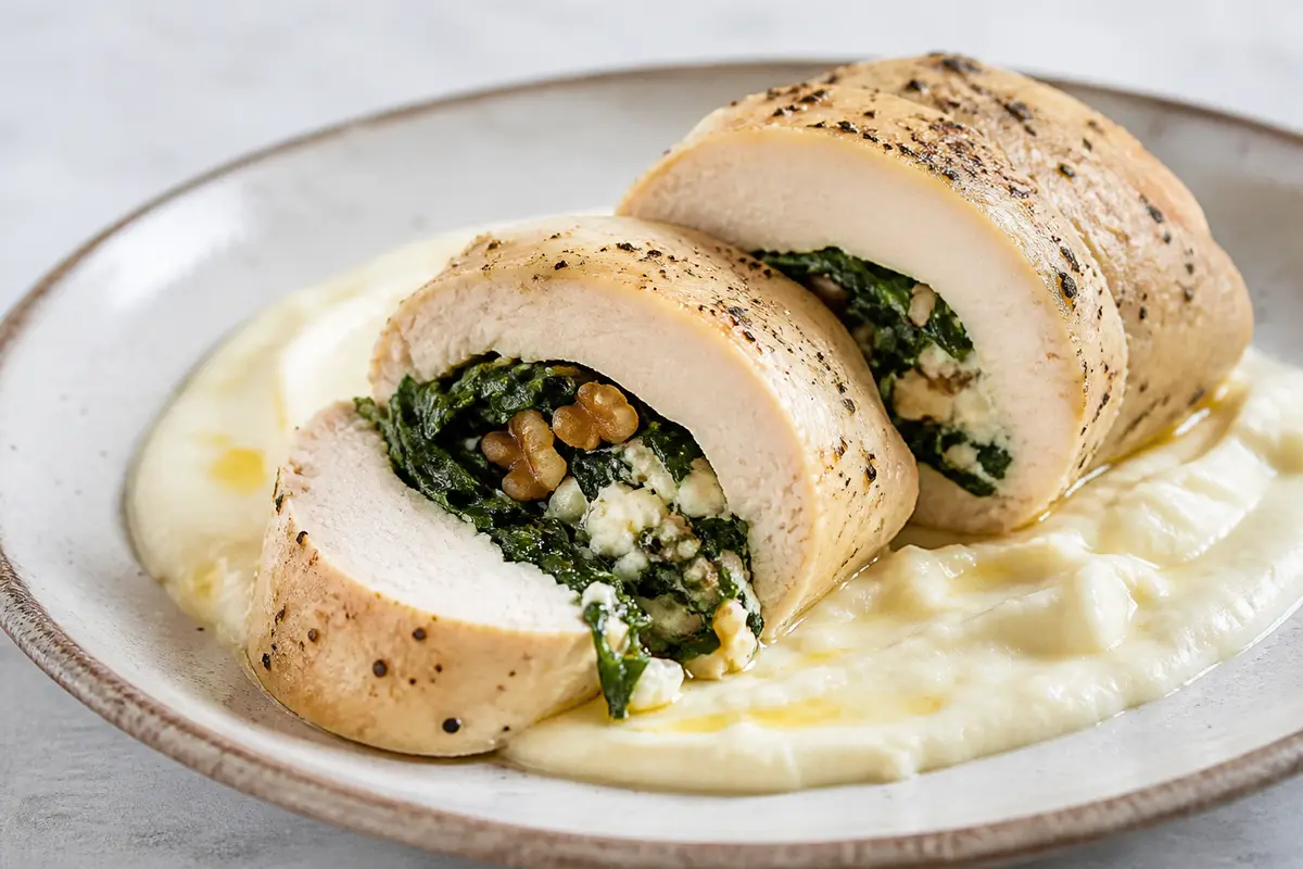 Pechuga de pollo rellena de acelga, ricotta y nuez con crema ligera de coliflor al limón