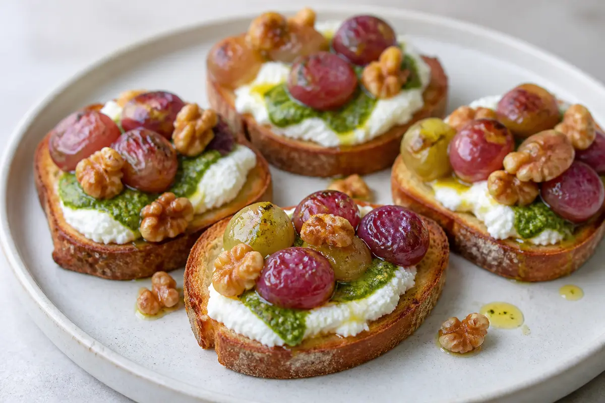 Quick ricotta toasts with arugula pesto, warm grapes, and crunchy walnuts