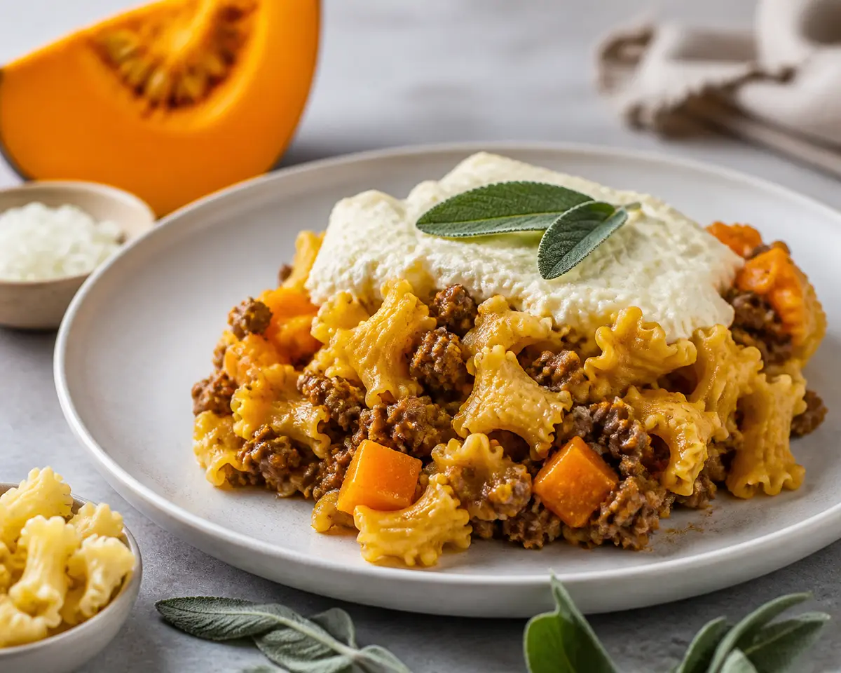 Family Gigli Pasta Bake with Tender Beef, Pumpkin and Whipped Ricotta Sage Topping