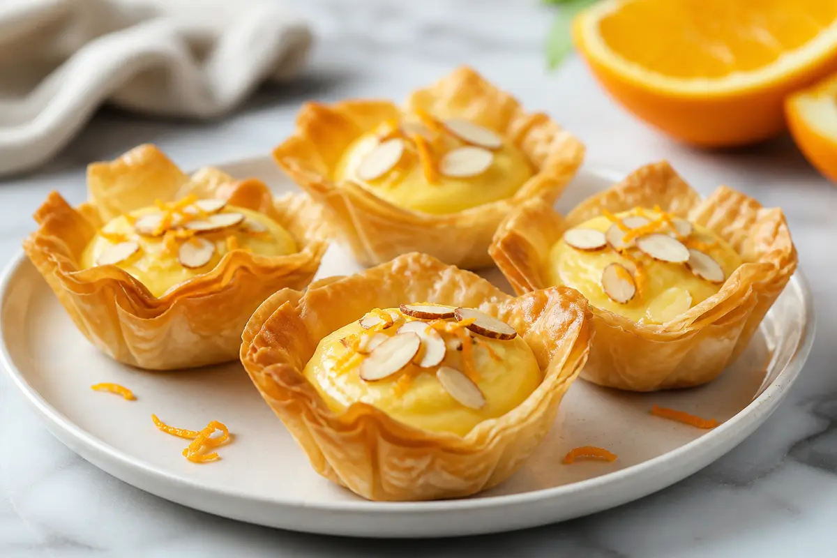 Saffron Orange Almond Cream Cups with Crisp Phyllo Crust