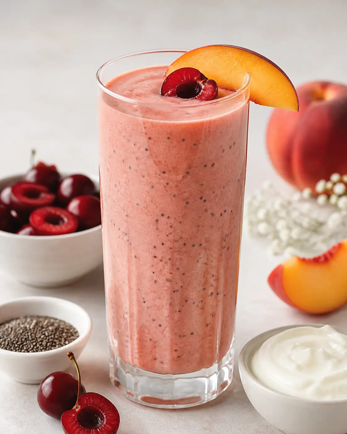 Coral Cherry, Nectarine and Yogurt Smoothie with Vanilla and Chia
