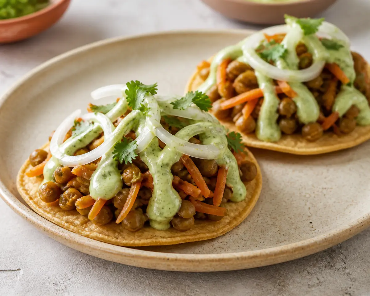 Tostadas de tinga de zanahoria y lenteja con crema de pepita al cilantro