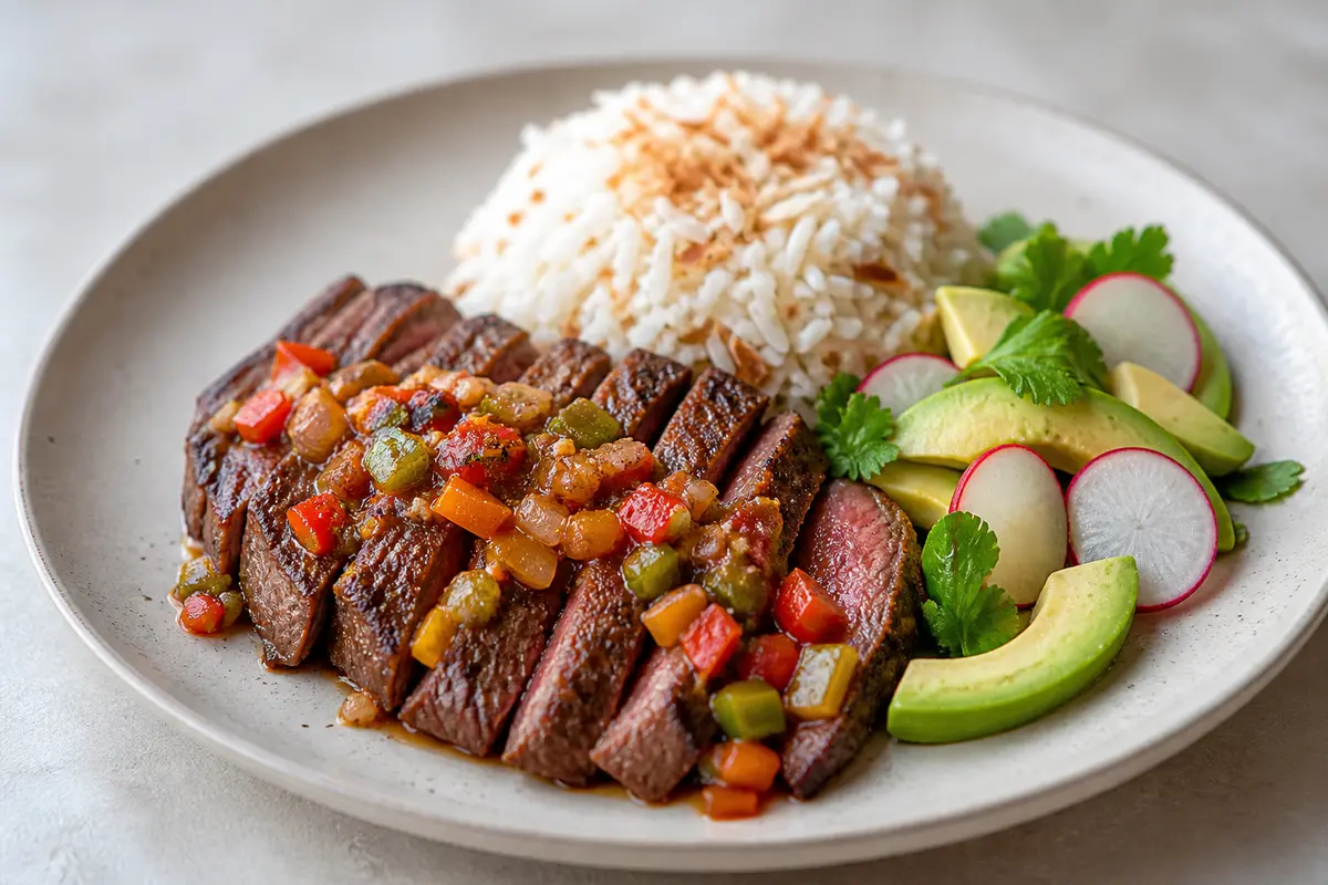 Caribbean Flank Steak with Sweet Pepper Sofrito, Crispy Coconut Rice, and Avocado Radish Salad