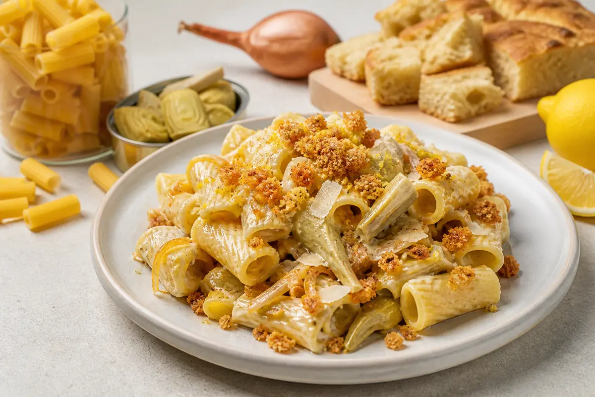Tortiglioni con crema de alcachofa y limón, chalotas doradas y crumble de focaccia al pecorino