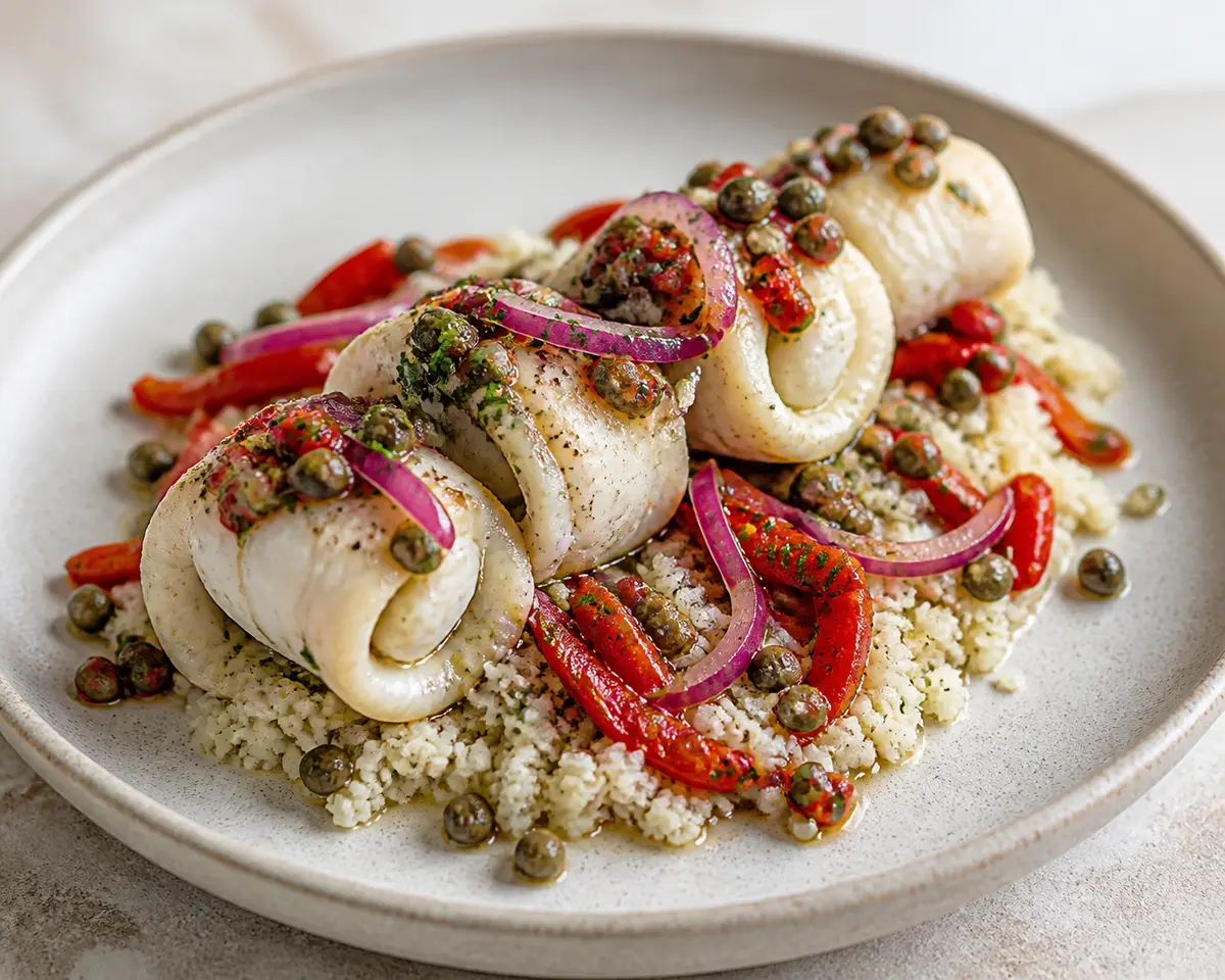 Mediterranean Sole Rolls with Cauliflower Couscous, Roasted Peppers and Capers Vinaigrette