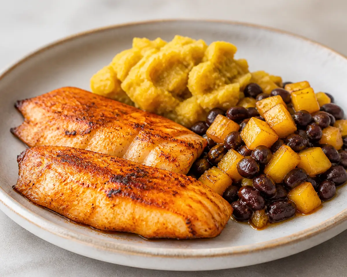 Pescado al achiote suave con puré rústico de plátano maduro y ensalada tibia de frijoles negros y piña