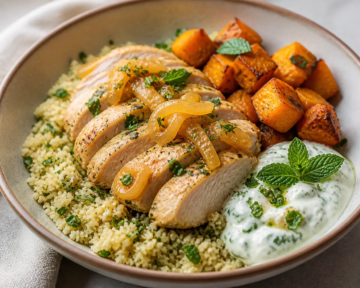 Bowl tibio de pollo al limón confitado con cuscús de hierbas, calabaza asada y yogur de menta