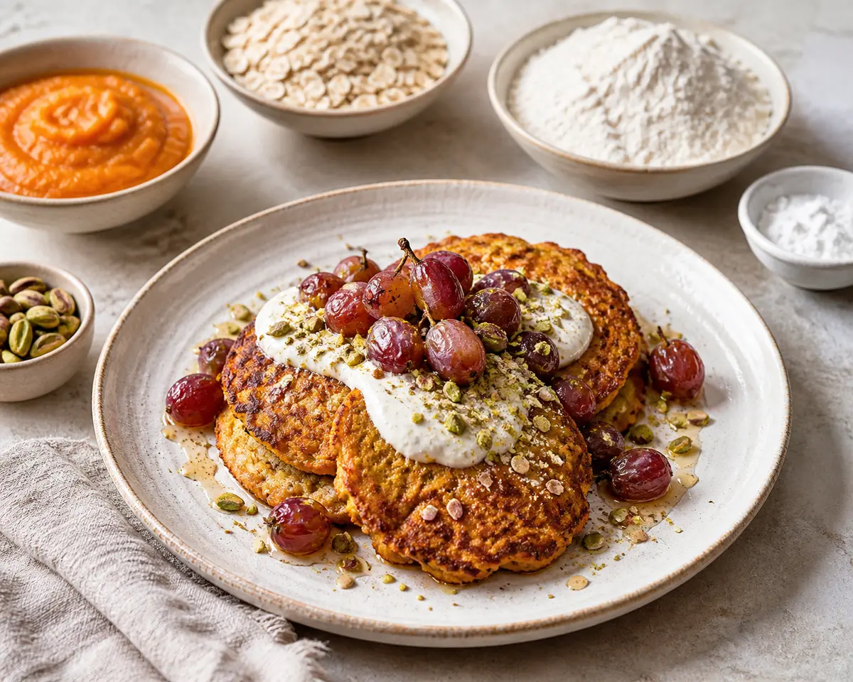 Golden Oat and Pumpkin Griddle Cakes with Tahini Yogurt, Roasted Grapes, and Pistachio Dukkah