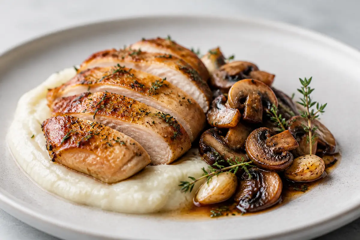 Thyme-Roasted Chicken with Silky Cauliflower Mash and Balsamic Mushrooms