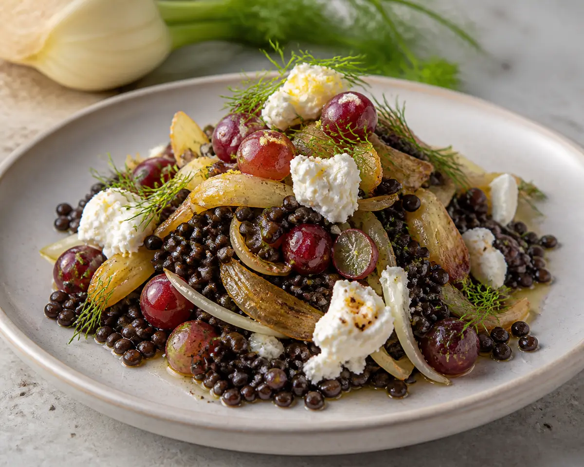 Ensalada tibia de lentejas negras, hinojo caramelizado, uvas frescas y ricotta al limón