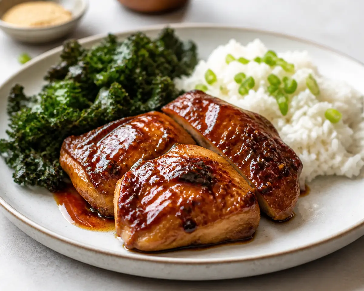 Pollo al horno con glaseado de tamarindo y panela, col rizada crujiente y arroz cremoso de coco y cebolleta