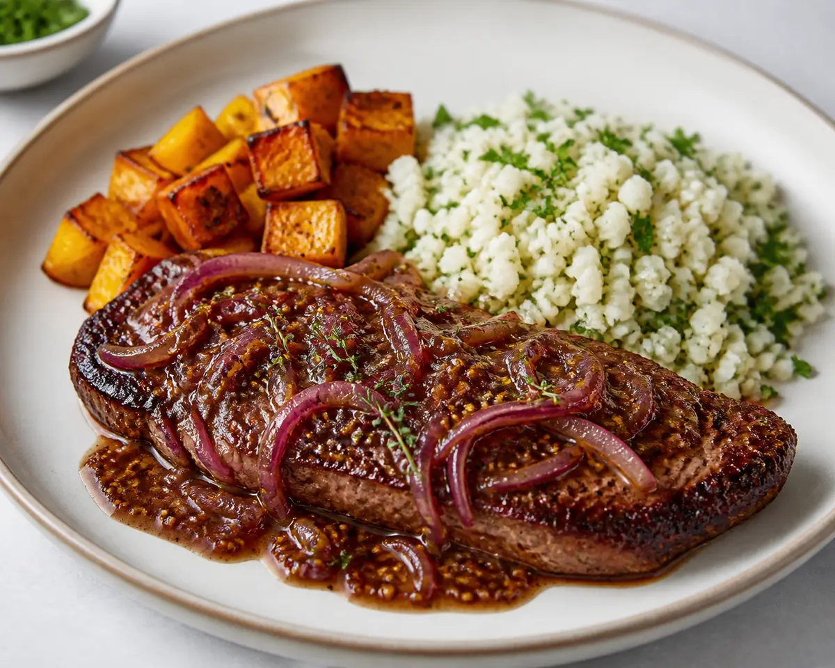 Beef Steak with Red Onion, Mustard and Thyme Pan Sauce, served with Roasted Squash and Parsley Cauliflower Rice